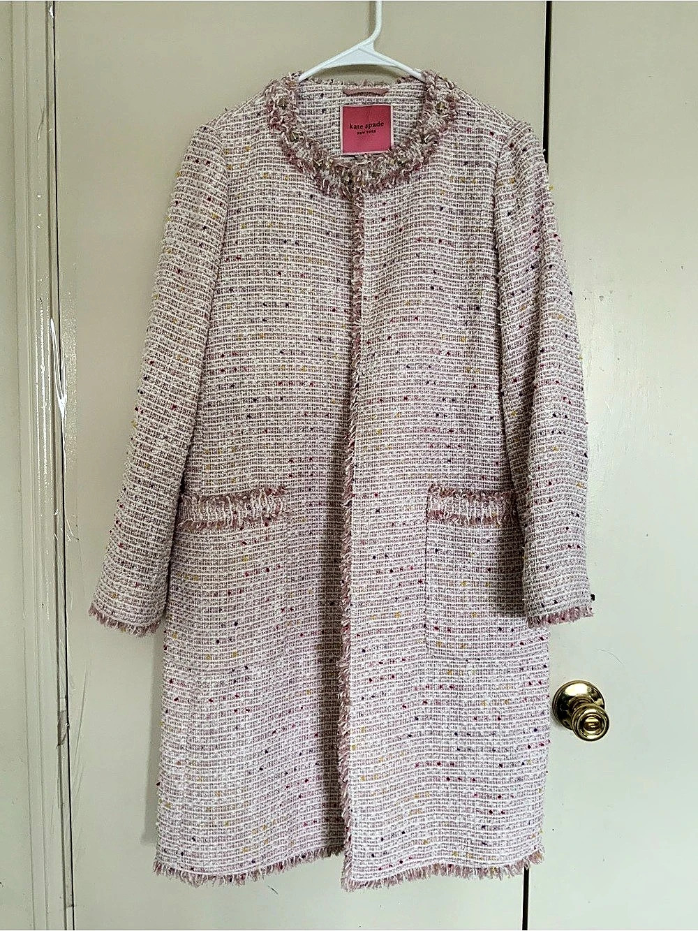 Kate Spade Pink Multi Tweed Long Coat Jacket Fringe Studded Size 8 NWOT